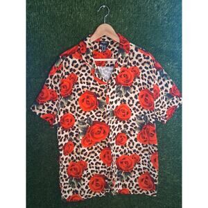 Forever 21 Men Floral Leopard Rose Print Short Sleeve Button Down Shirt Size XL